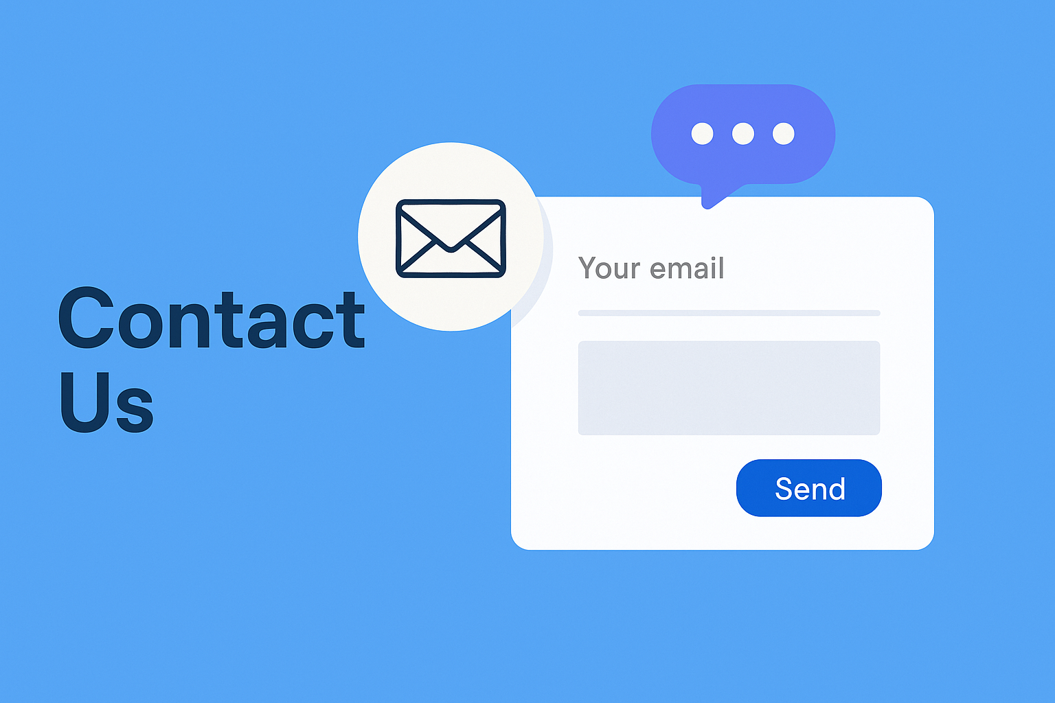 Contact Us banner with envelope icon and email form on a blue background.