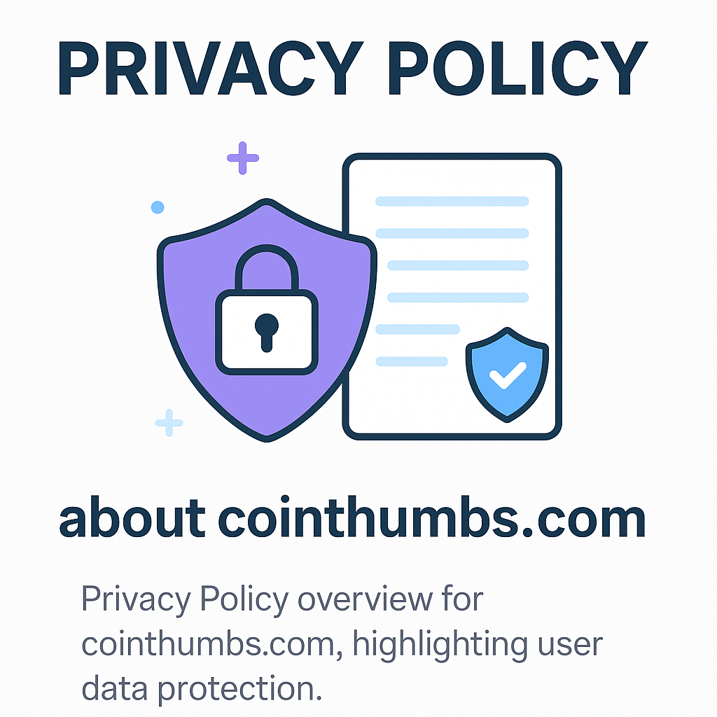 Privacy Policy banner for CoinThumbs.com featuring a secure shield icon, lock symbol, and document graphic on a clean white background.