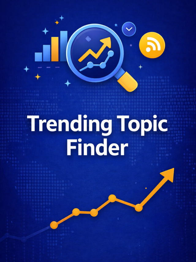 Trending Topic Finder Web Story image showing search trend analysis with a magnifying glass, rising graph, analytics bars, and RSS icon on a blue background.