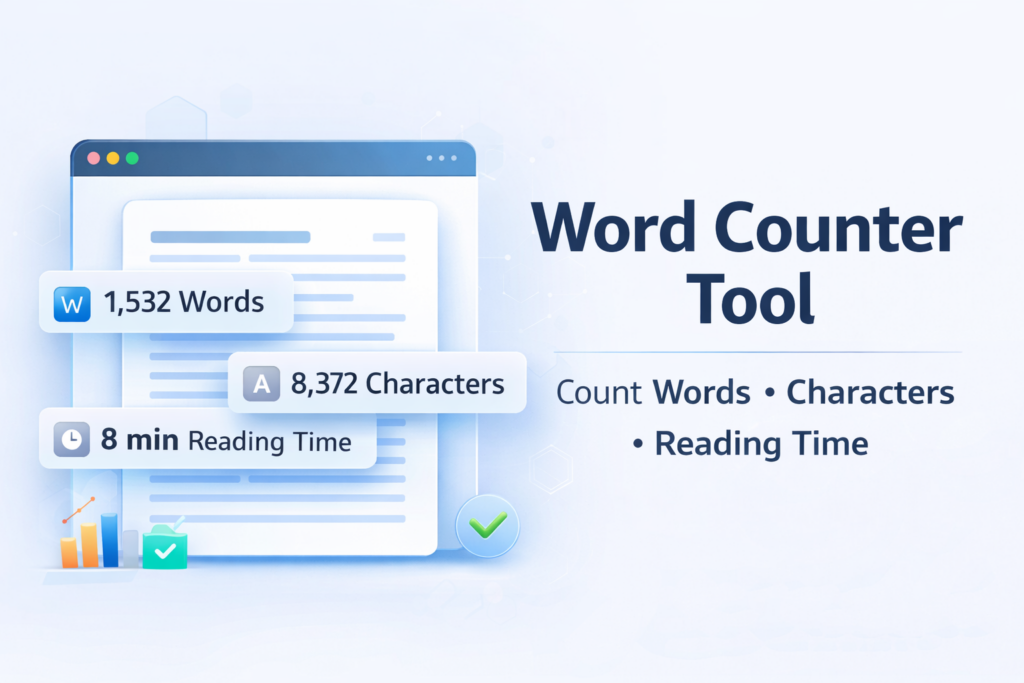 Word Counter Tool showing word count, character count and reading time analytics interface