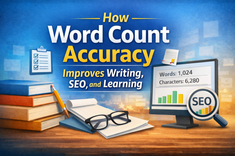 Illustration showing a word counter screen with SEO graph, books, and writing tools representing word count accuracy and improved writing