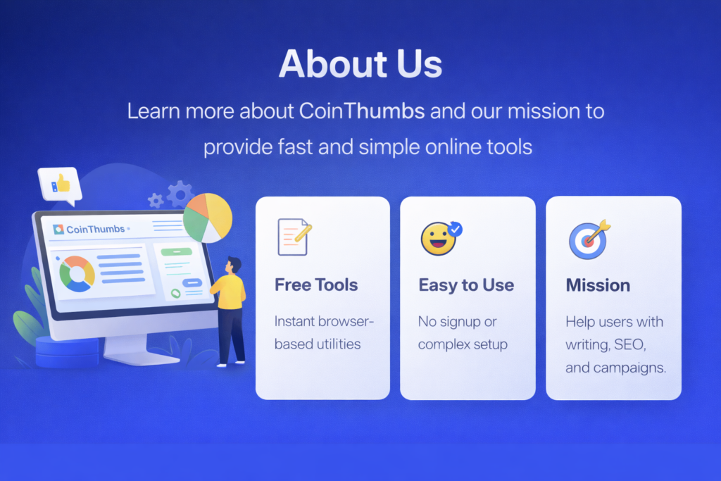 About CoinThumbs banner showing free tools, easy to use features, and mission for writing SEO and campaign tools