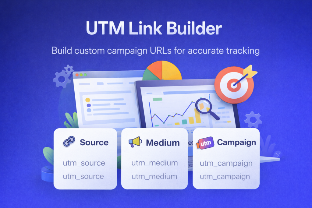 UTM Link Builder tool banner showing source medium campaign parameters for creating trackable URLs