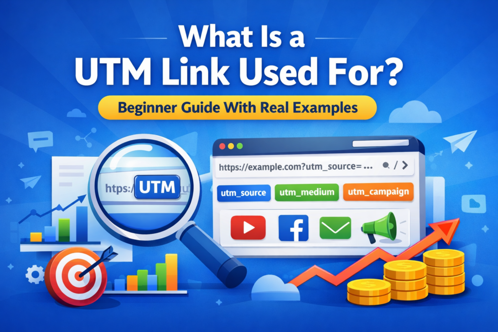 What Is a UTM Link Used For featured image showing UTM tracking link, campaign parameters, analytics dashboard, and marketing examples