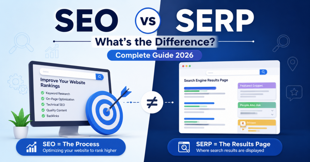 SEO vs SERP comparison infographic showing search engine optimization and search results page differences