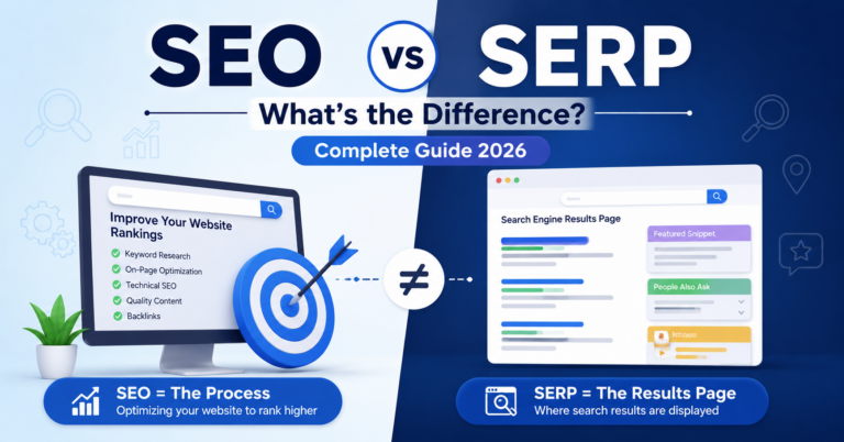 SEO vs SERP comparison infographic showing search engine optimization and search results page differences